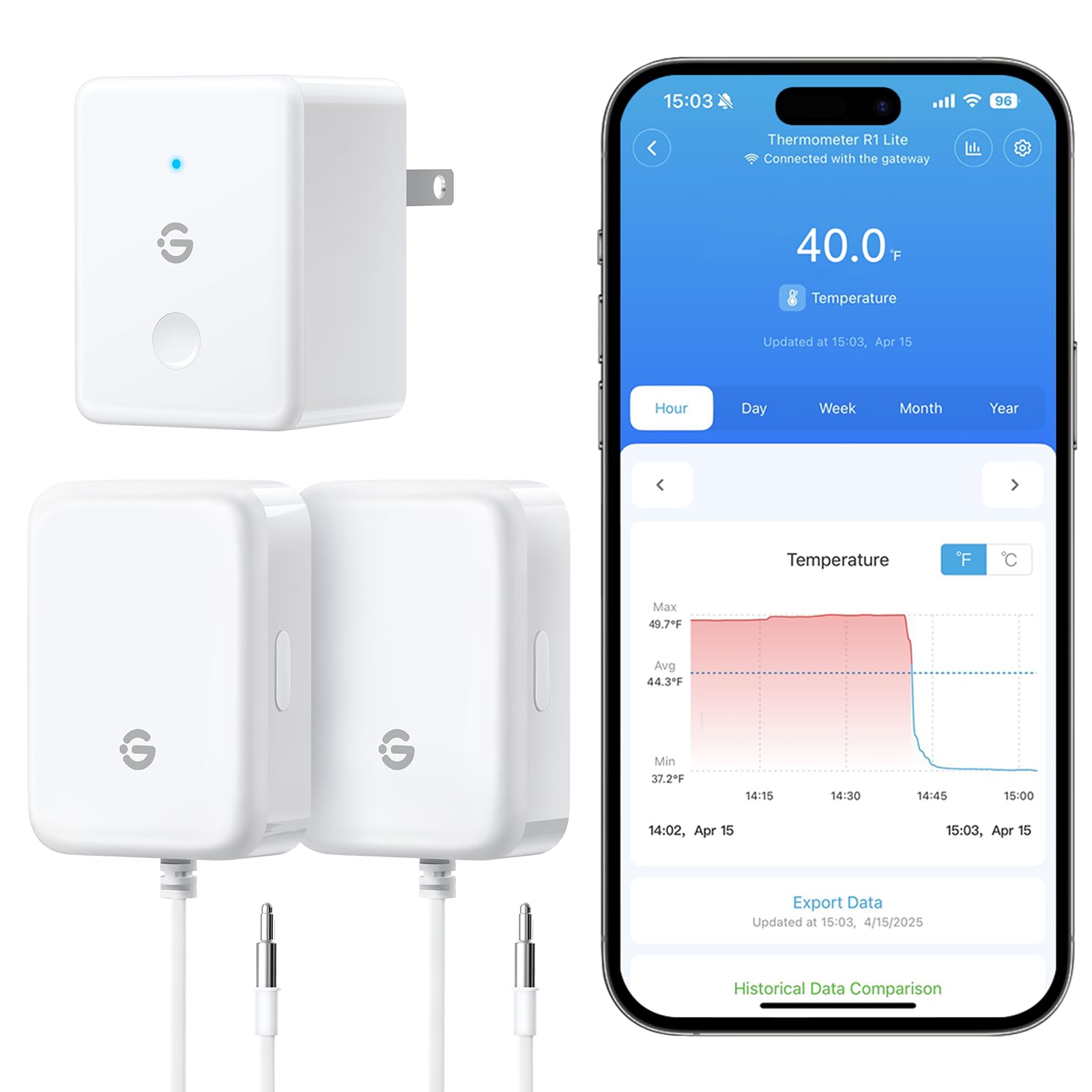 GoveeLife WiFi fridge thermometer close-up with precise probe for real-time temperature tracking.