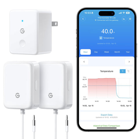 GoveeLife WiFi fridge thermometer close-up with precise probe for real-time temperature tracking.