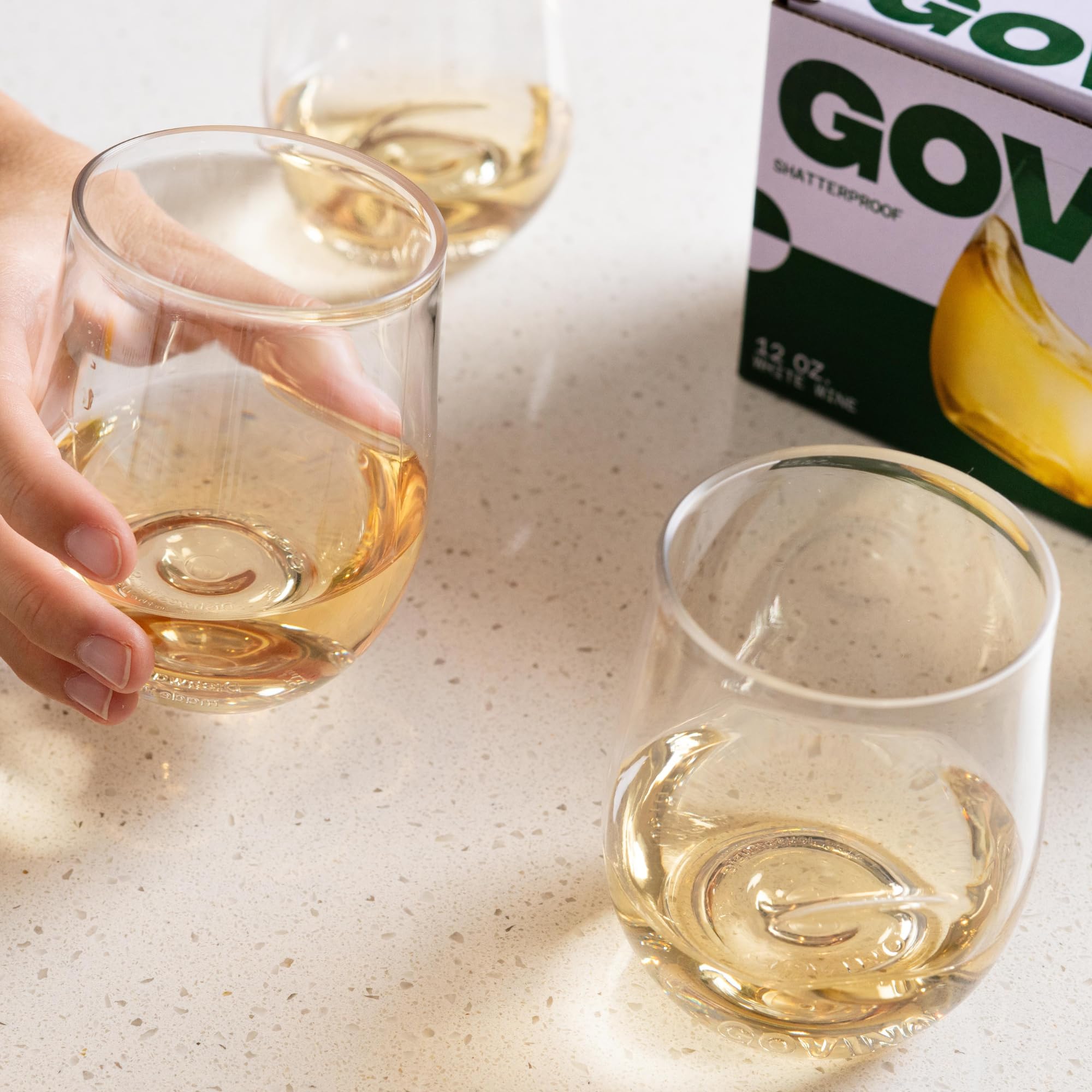 Govino thumb-notch grip design provides secure, comfortable hold during gatherings.
