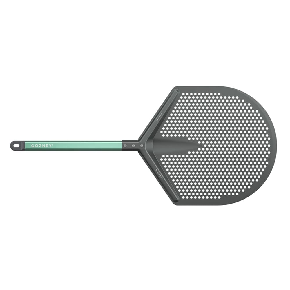 Gozney Pro Placement Peel fully perforated blade reduces burnt flour on the crust.