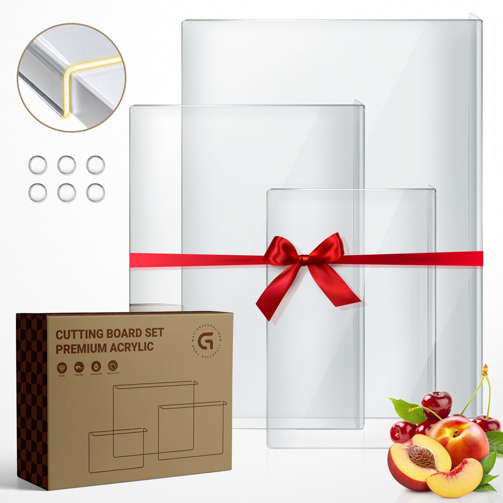 Gracenal 3-piece acrylic cutting board set with counter lip for stable food prep.
