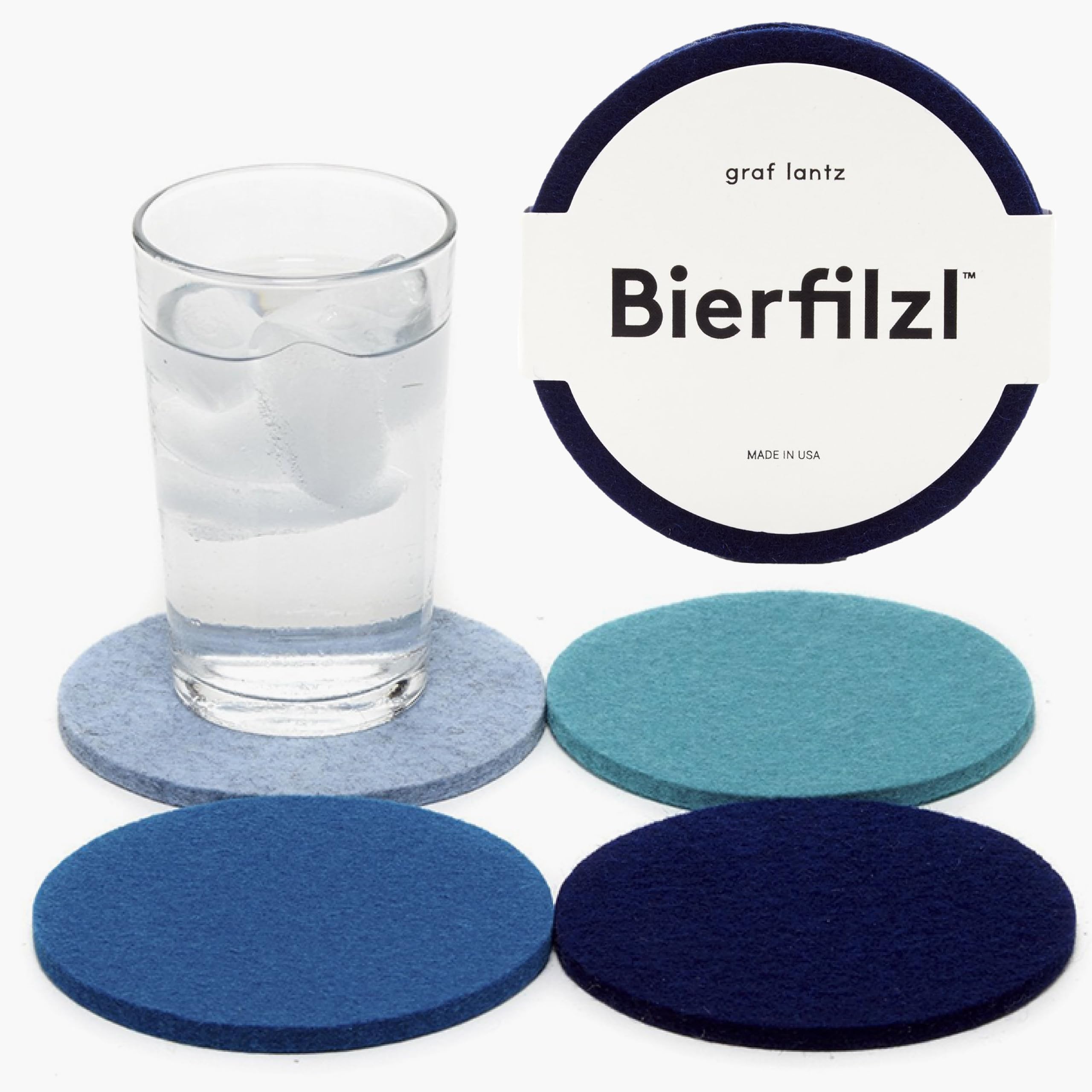 Graf Lantz Bierfilzl Merino Wool Round Coaster Ocean set protects surfaces and absorbs moisture.
