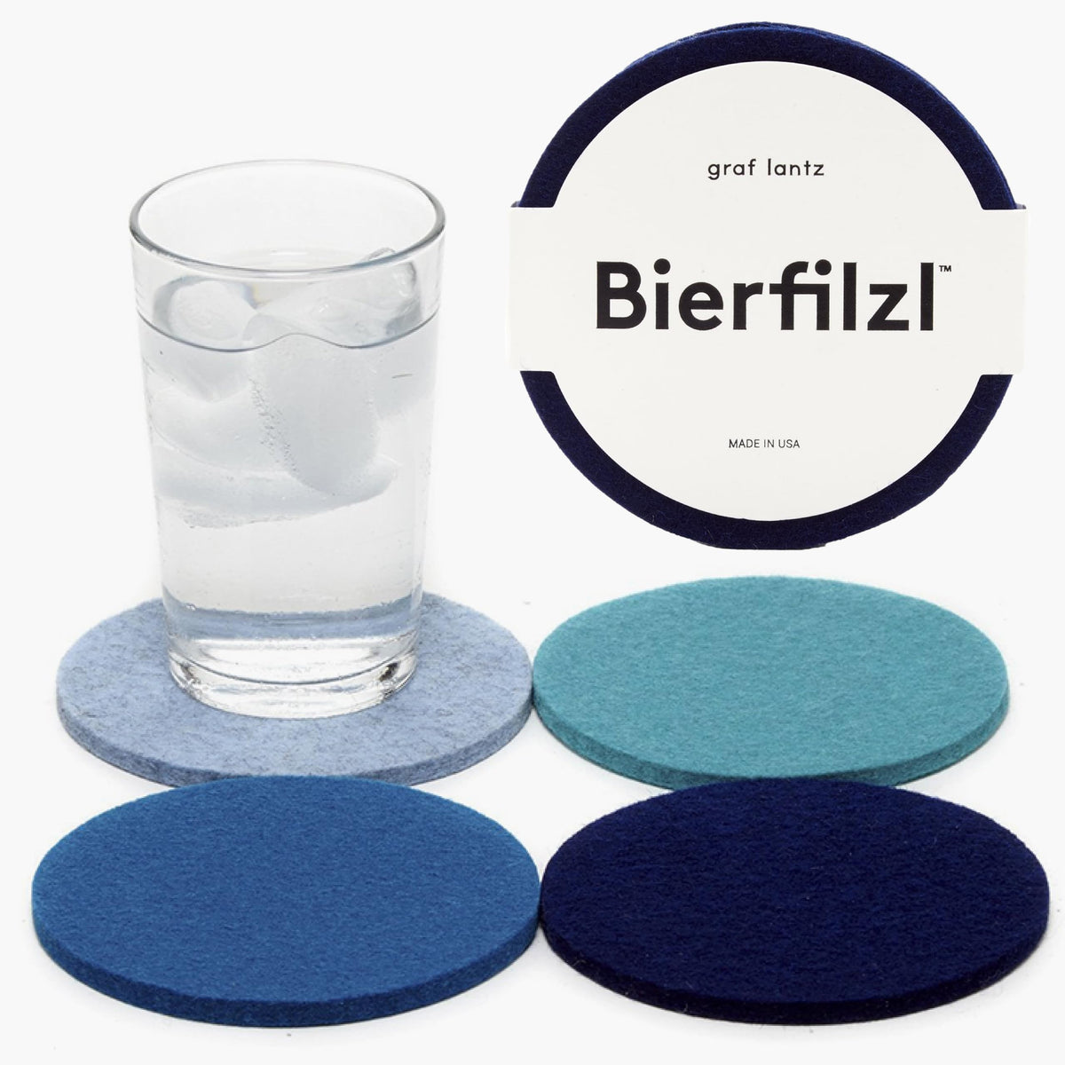 Graf Lantz Bierfilzl Merino Wool Round Coaster Ocean set protects surfaces and absorbs moisture.
