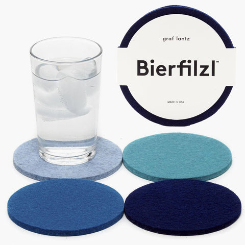 Graf Lantz Bierfilzl Merino Wool Round Coaster Ocean set protects surfaces and absorbs moisture.