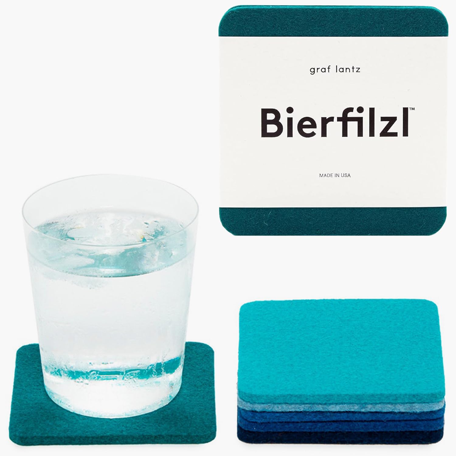 Graf Lantz Bierfilzl Merino coaster Ocean protects surfaces while absorbing spills effectively.