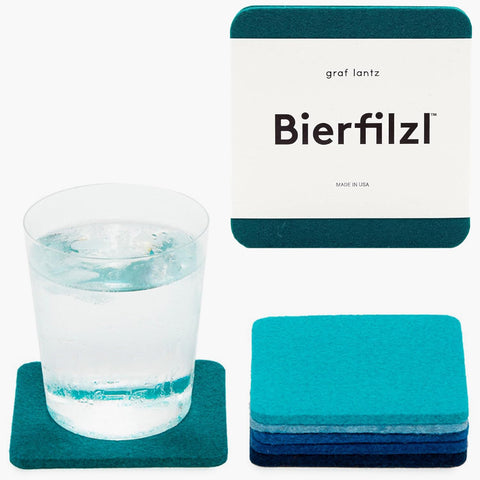 Graf Lantz Bierfilzl Merino coaster Ocean protects surfaces while absorbing spills effectively.