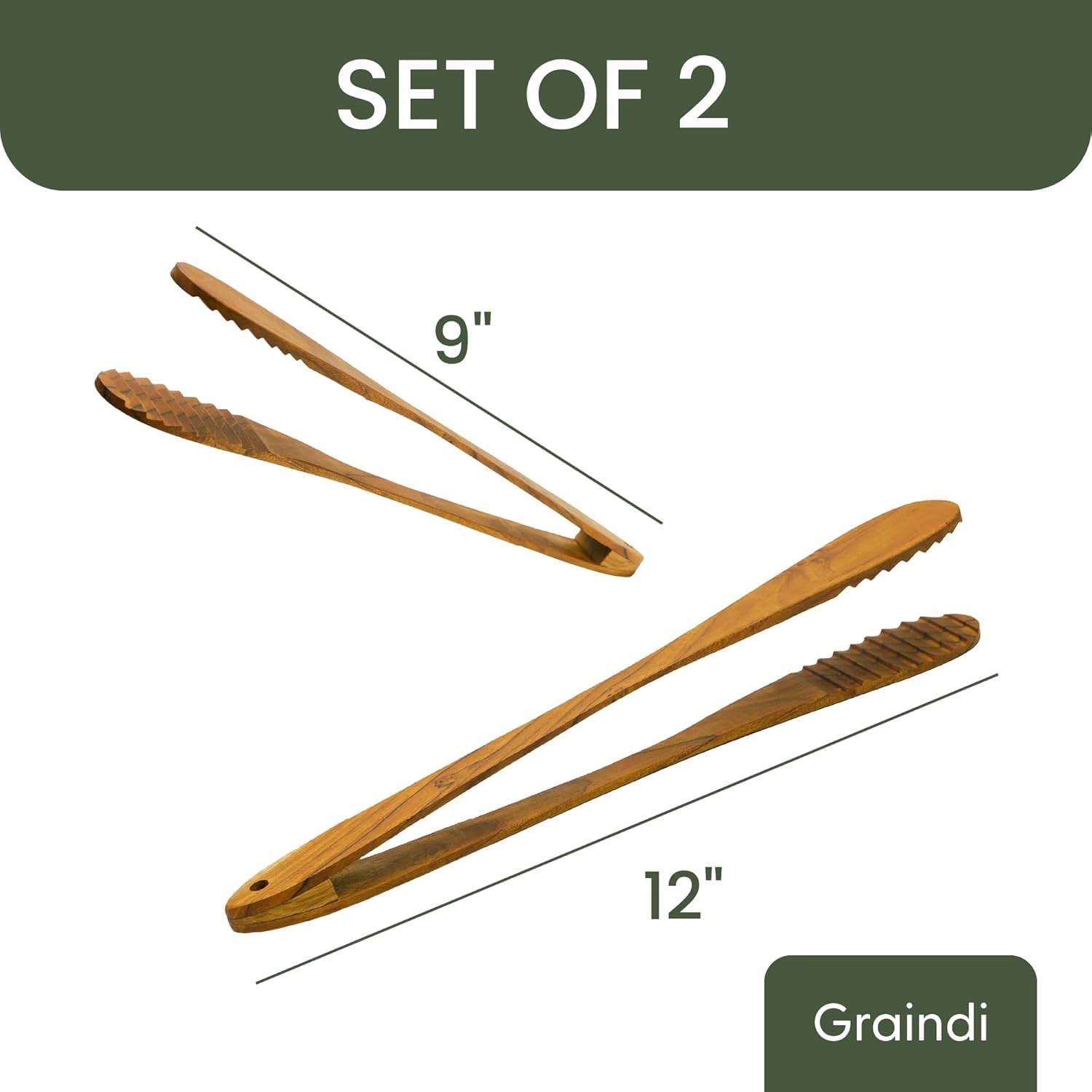Graindi teak tongs 12in ideal for salads with a balanced grip.