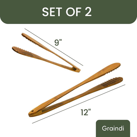 Graindi teak tongs 12in ideal for salads with a balanced grip.