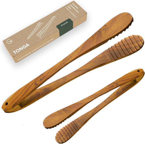Graindi teak tongs 9in for cooking with a smooth non-stick grip on pans.