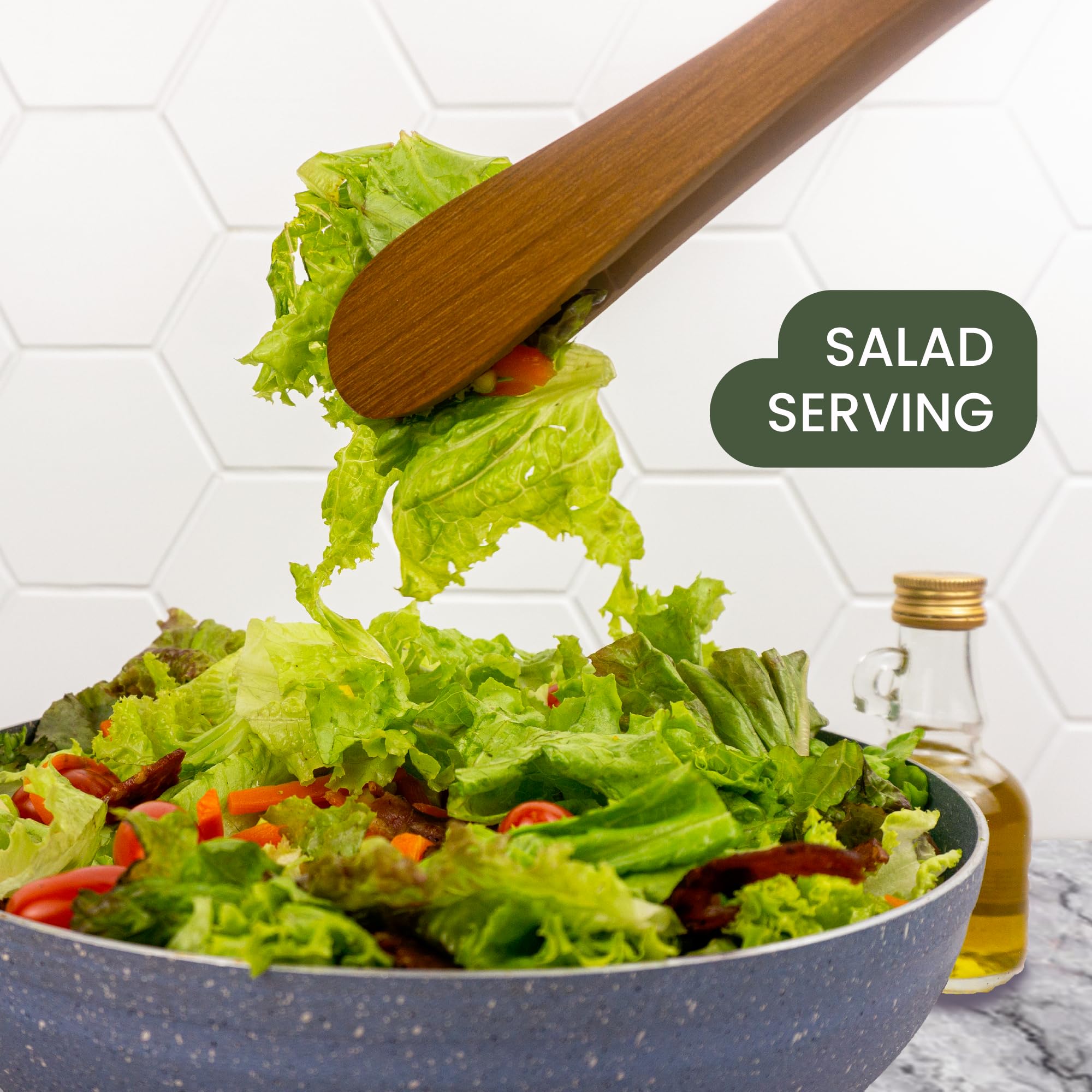 Graindi teak tongs ergonomic anti-slip grip for easy handling.