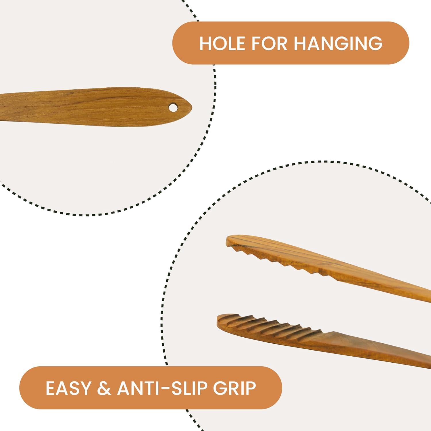 Graindi teak tongs non-stick and scratch-resistant for coated cookware.