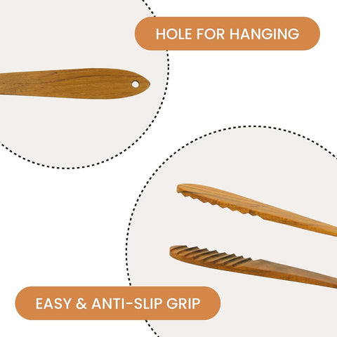 Graindi teak tongs non-stick and scratch-resistant for coated cookware.