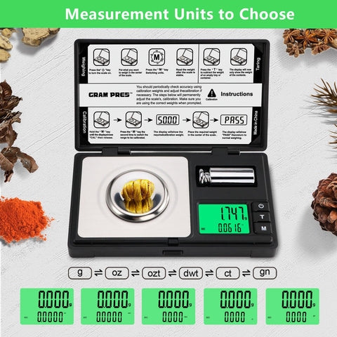 GRAM PRES scale backlit display shows precise readings in low light.