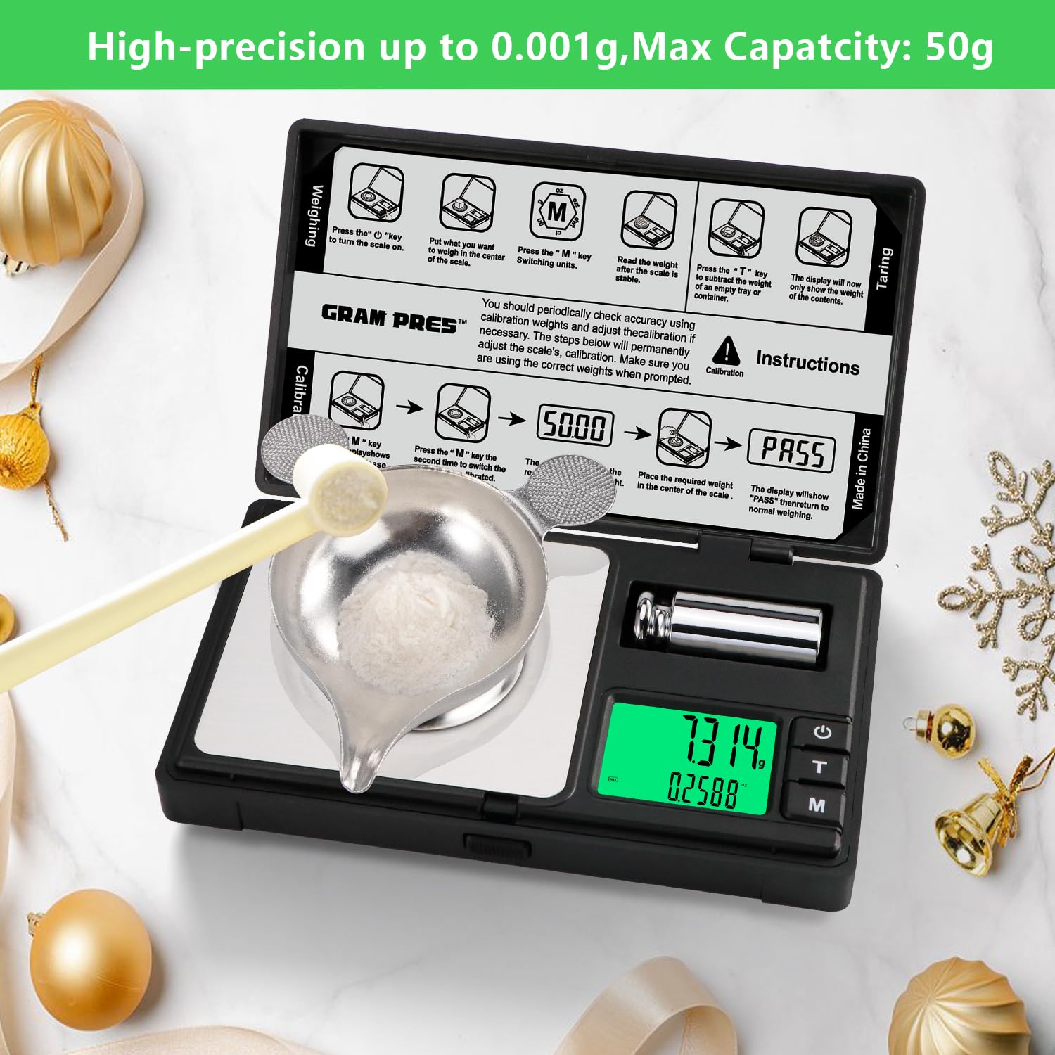 GRAM PRES calibration weight included for quick, reliable scale calibration.
