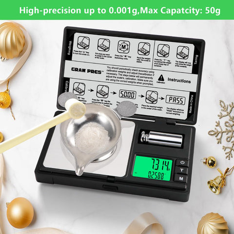 GRAM PRES calibration weight included for quick, reliable scale calibration.