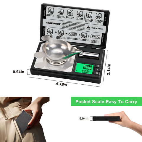 GRAM PRES compact pocket-scale design fits in a bag or case.