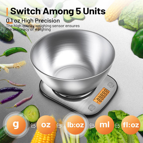 GRAM PRES digital kitchen scale with backlit display for easy in-sight readings day or night.
