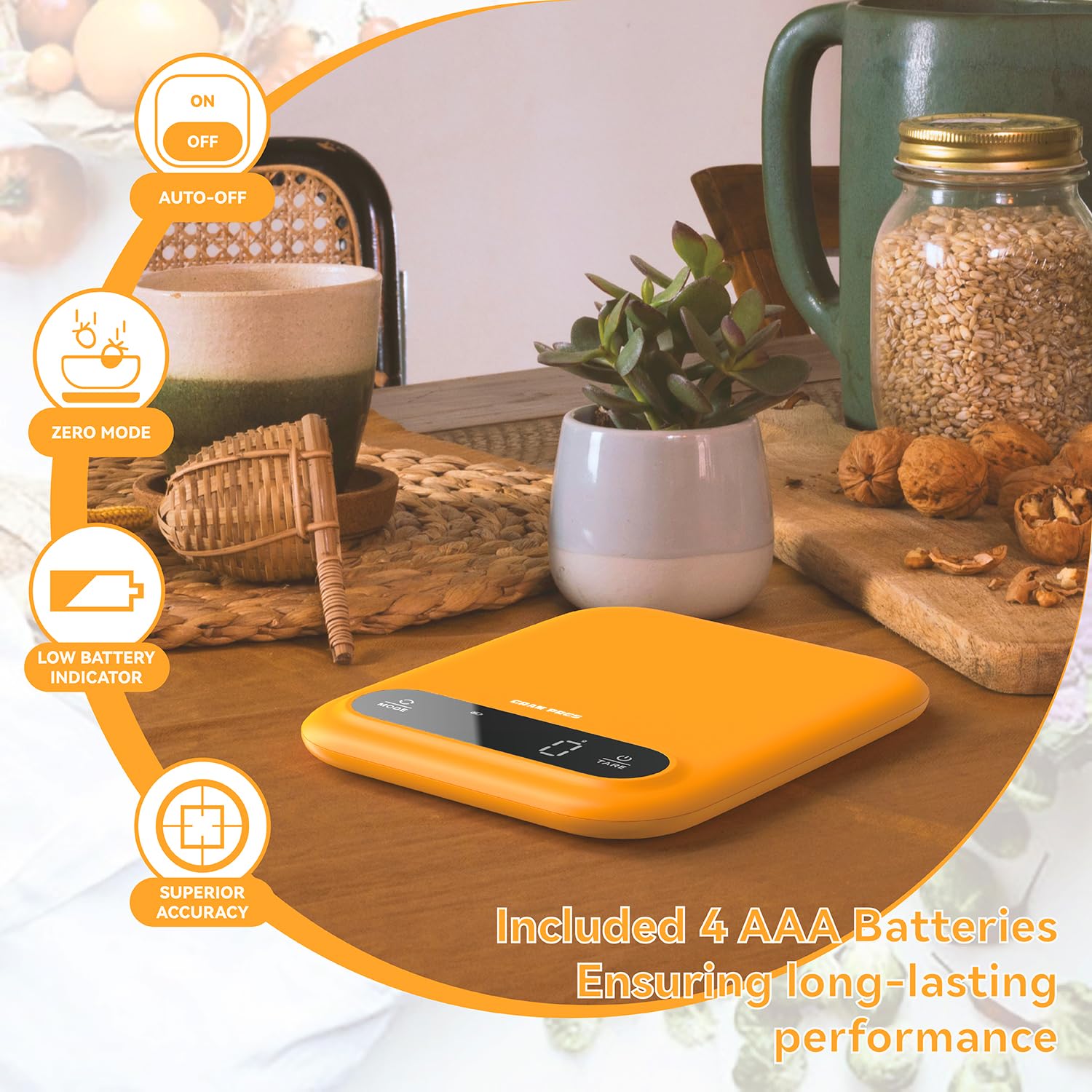 GRAM PRES precision 0.01 oz for accurate ingredient measuring.