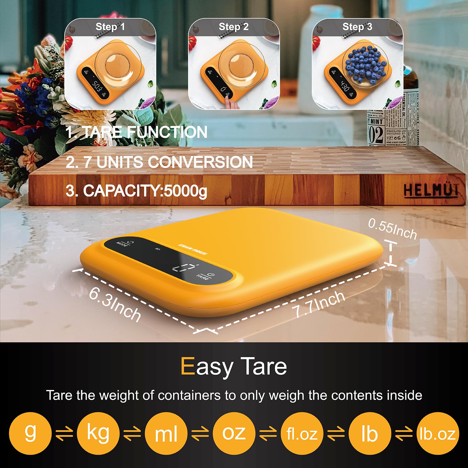 GRAM PRES scale with LED display for clear readability in any lighting.