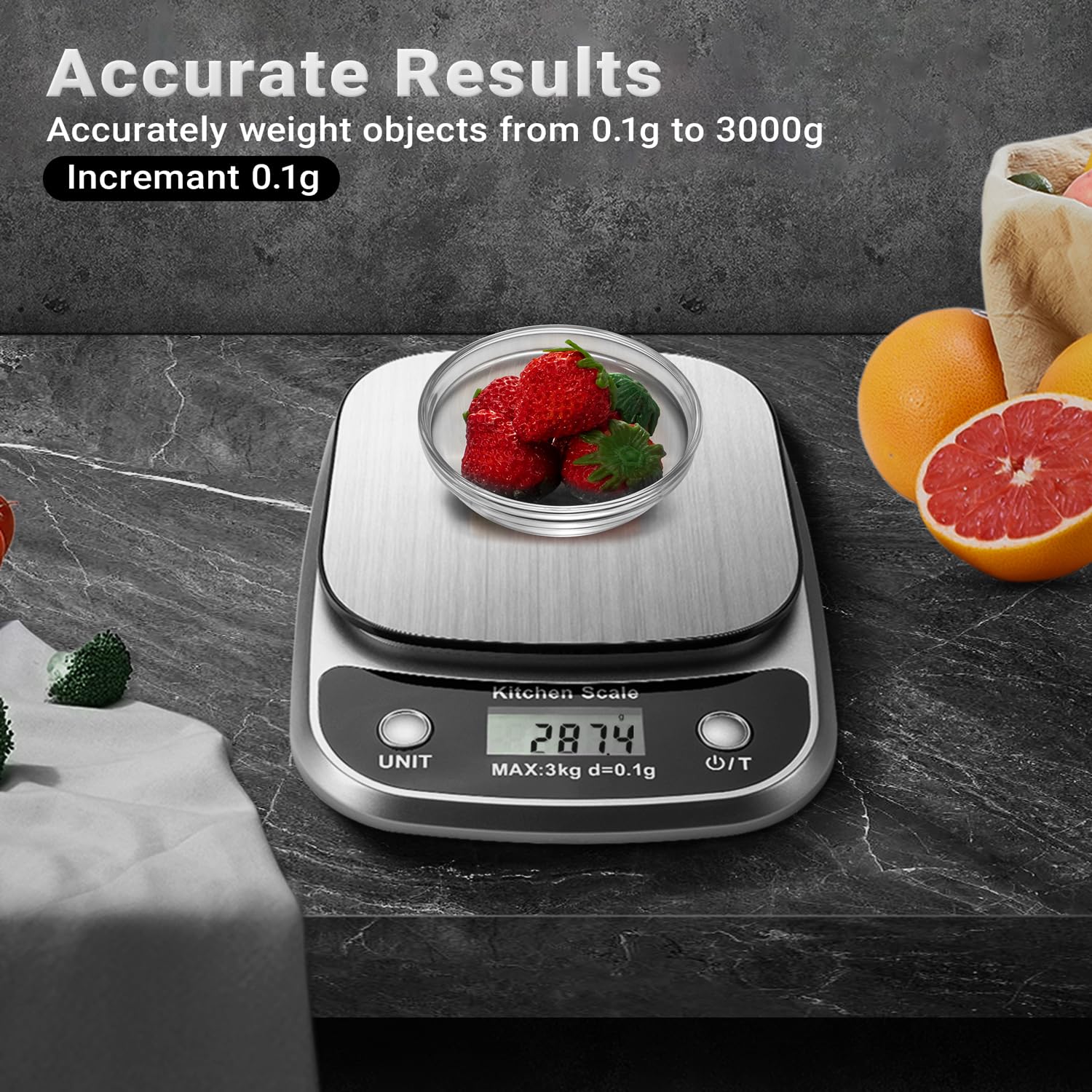 GRAM PRES compact digital scale showing a backlit LCD display for easy reading.