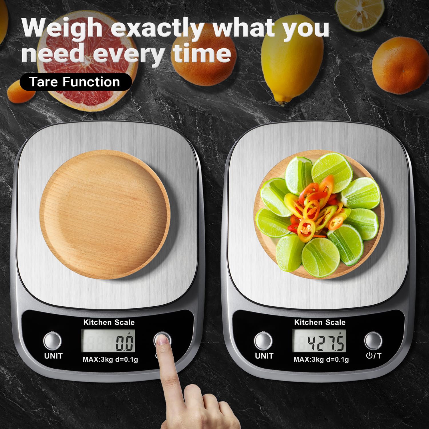 GRAM PRES scale displaying tare function to zero items quickly.