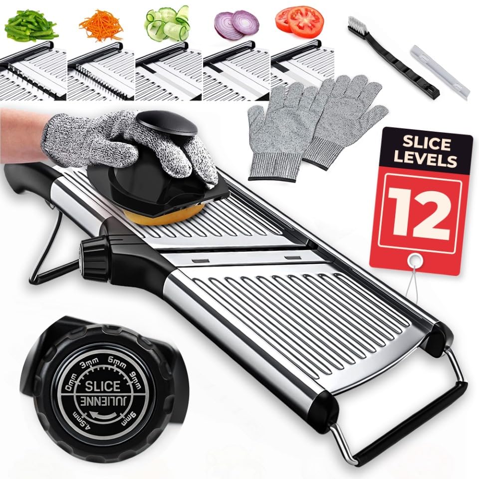 Gramercy Adjustable Mandoline Slicer with dial for precise thickness control and easy prep.