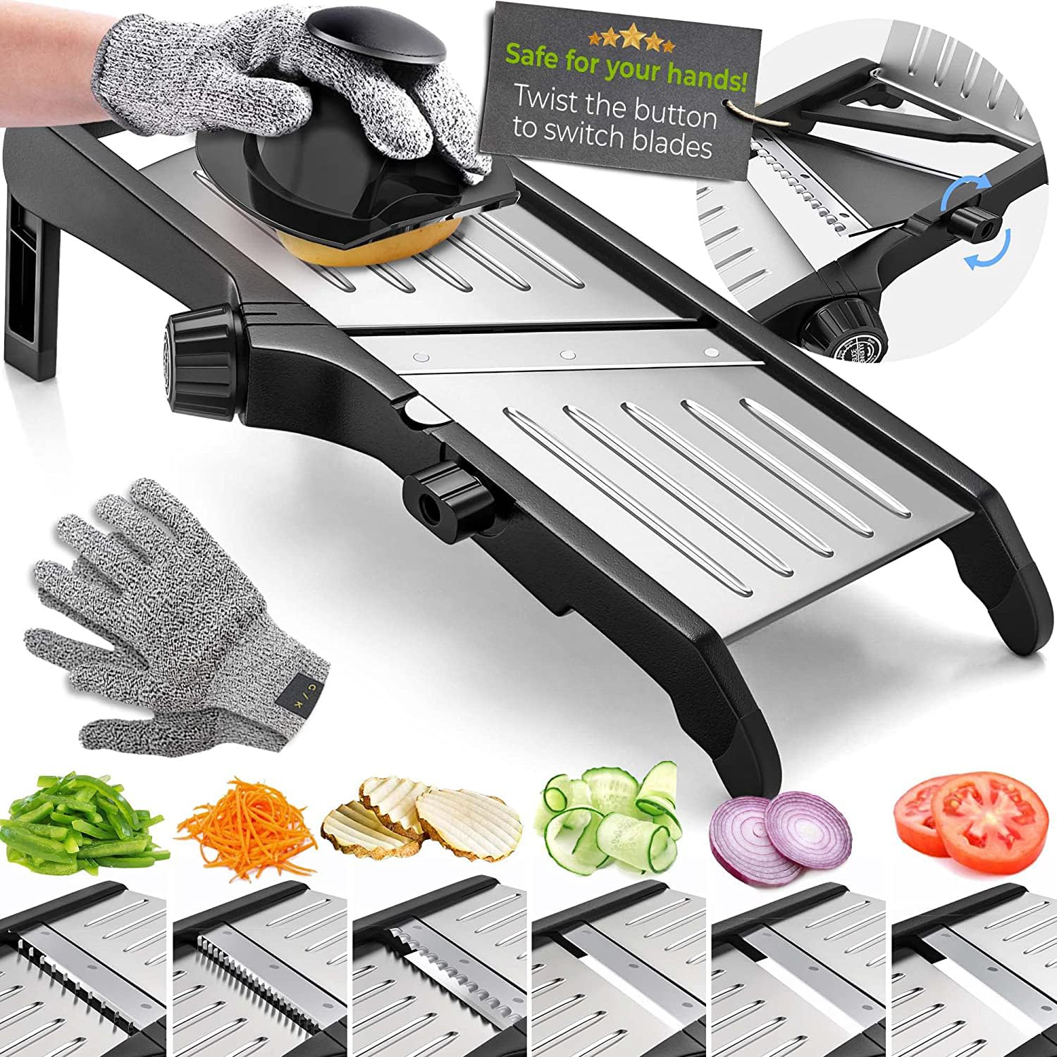 Gramercy adjustable mandoline dial shows built‑in blades for easy, precise slicing