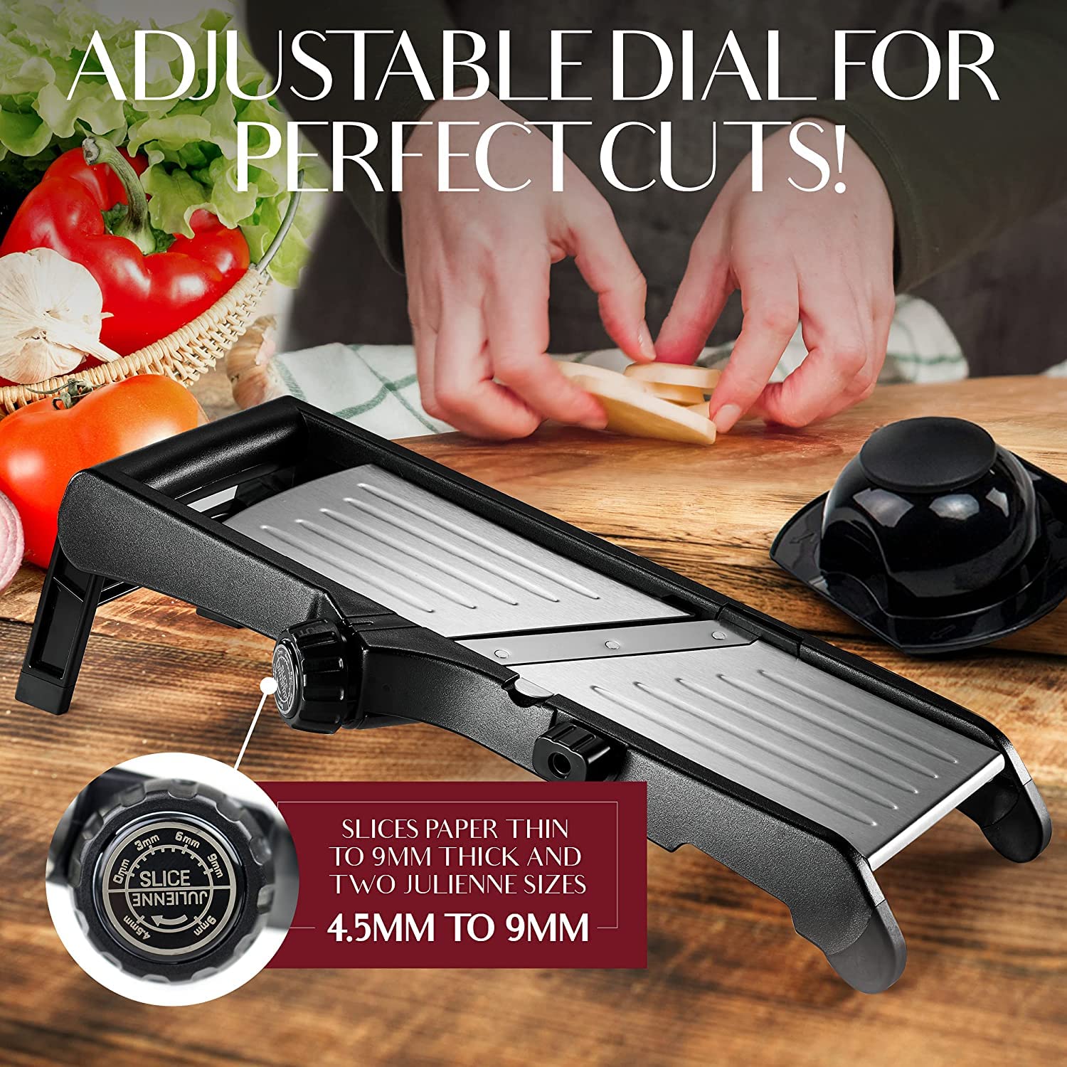 Gramercy food holder guides slices for uniform results while slicing
