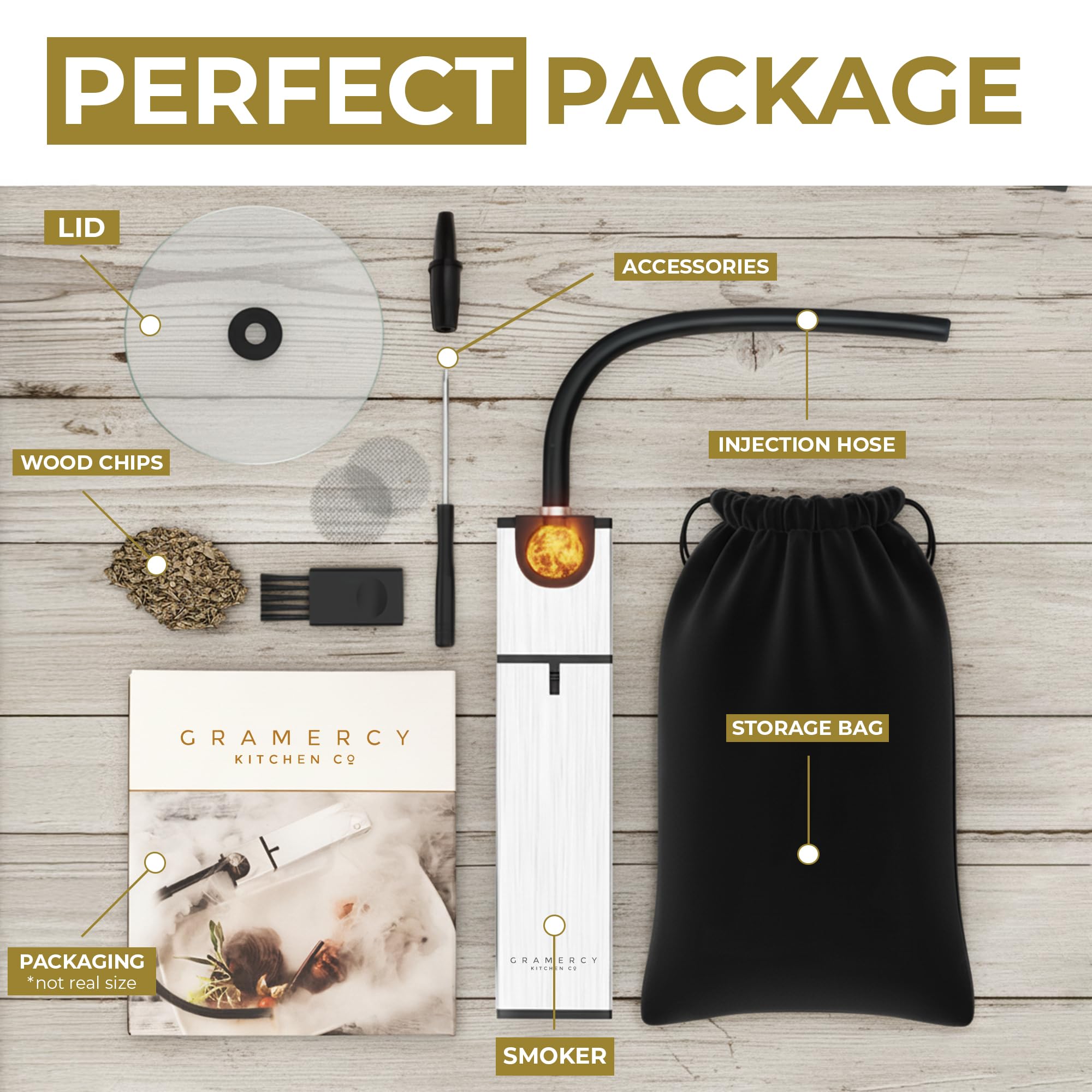 Portable Gramercy smoker with wood chips for indoor cocktails and bites.