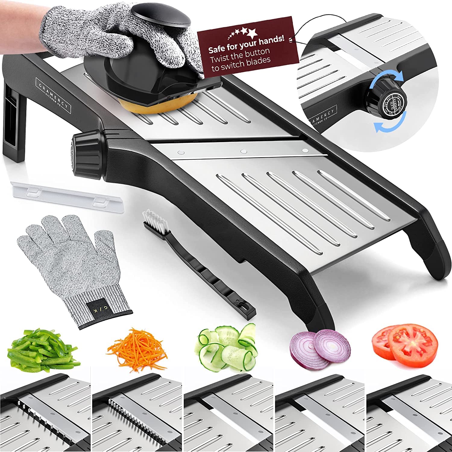 Gramercy Mandoline blade in V-shape delivers precise, uniform slices.