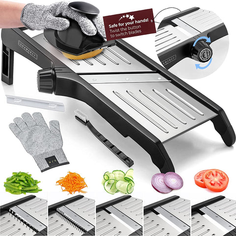 Gramercy Mandoline blade in V-shape delivers precise, uniform slices.