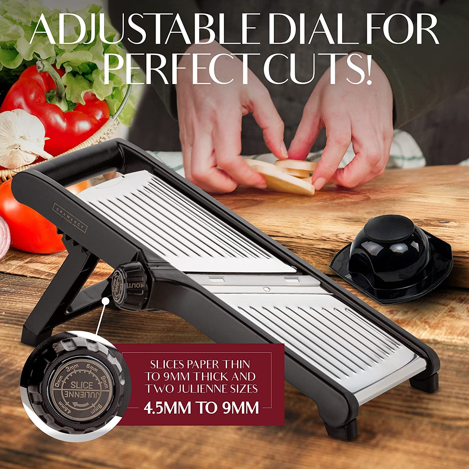 Gramercy Mandoline ergonomic handle ensures comfortable use.