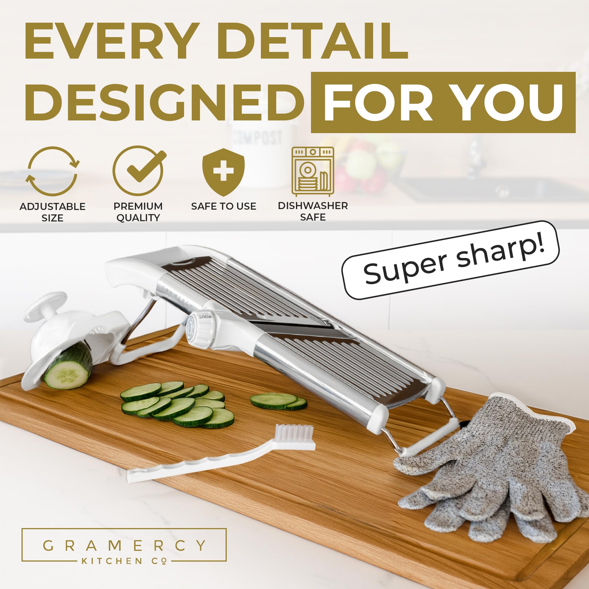 Gramercy mandoline rotating blade system delivers uniform slices.