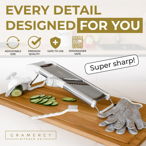 Gramercy mandoline rotating blade system delivers uniform slices.