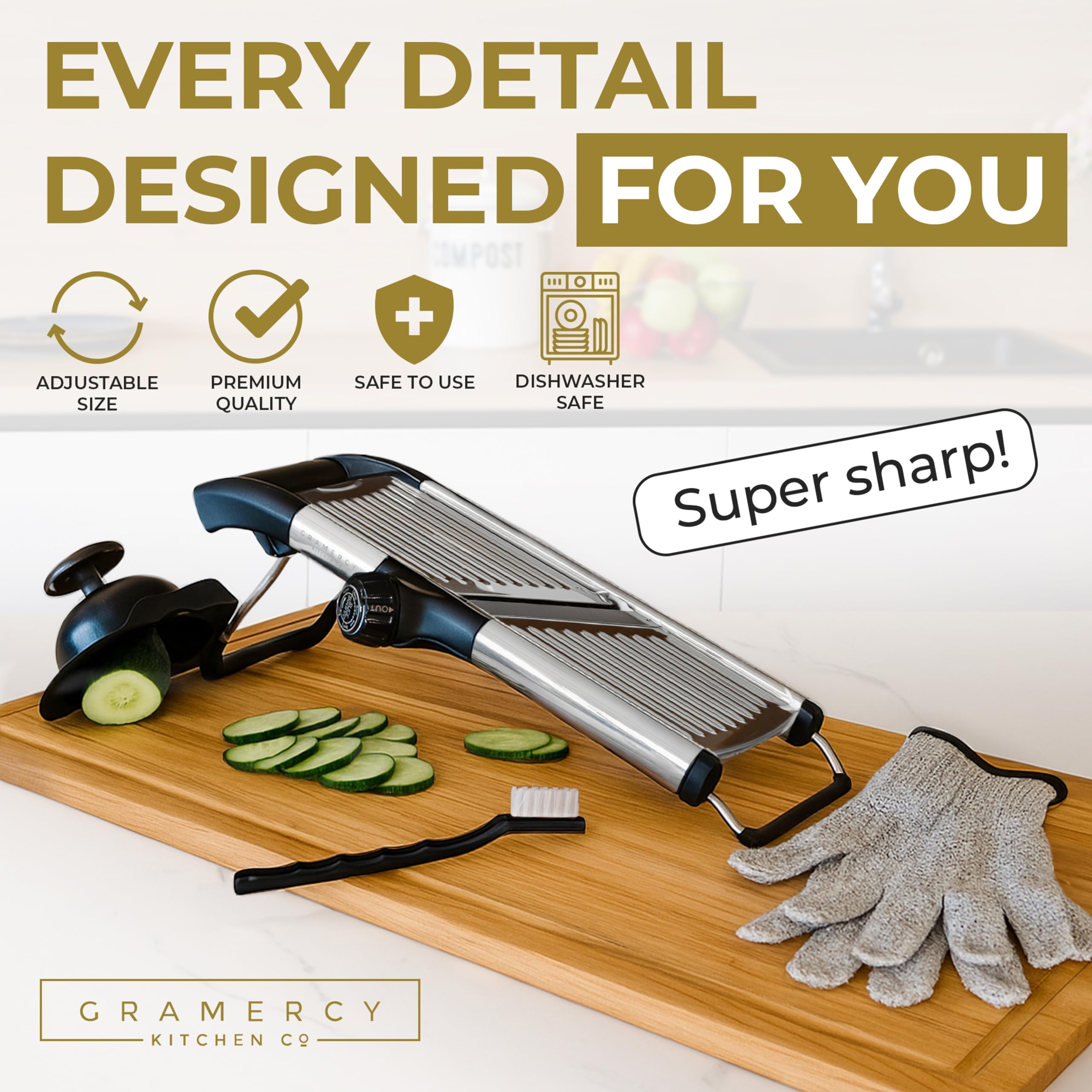 Gramercy Mandoline with rotating blade delivers smooth, uniform slices for vegetables.
