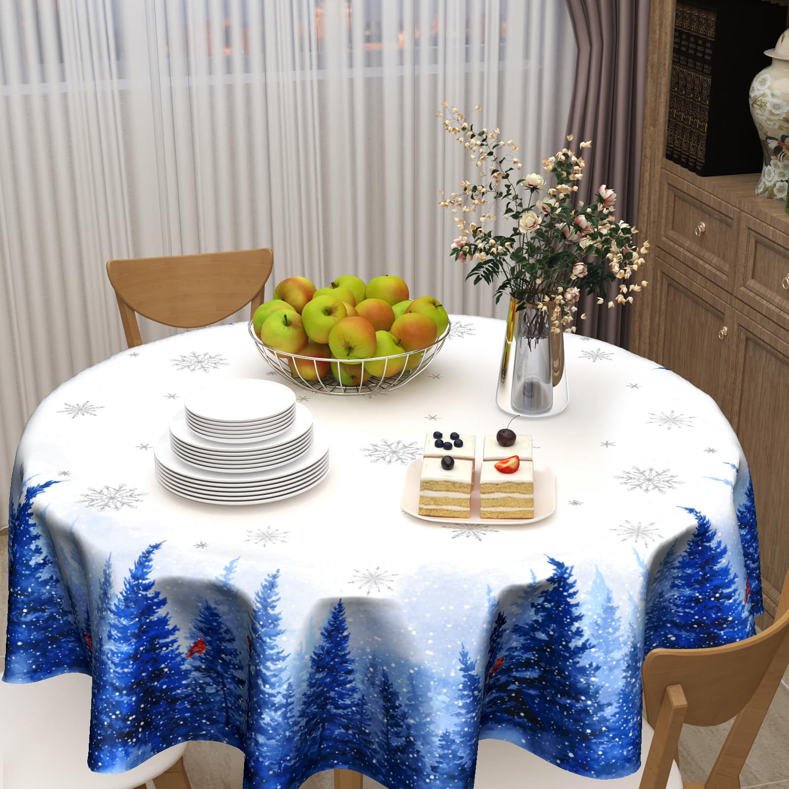 Granbey Christmas round tablecloth with snowy pattern for festive lunches