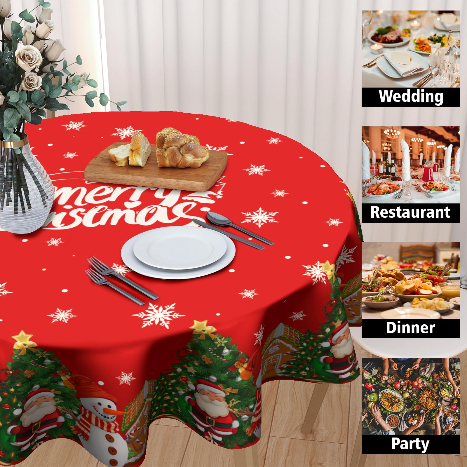 Granbey round tablecloth highlights snowflakes for seasonal charm.
