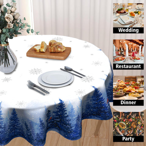 Granbey winter scene tablecloth featuring trees and birds for cozy dinners