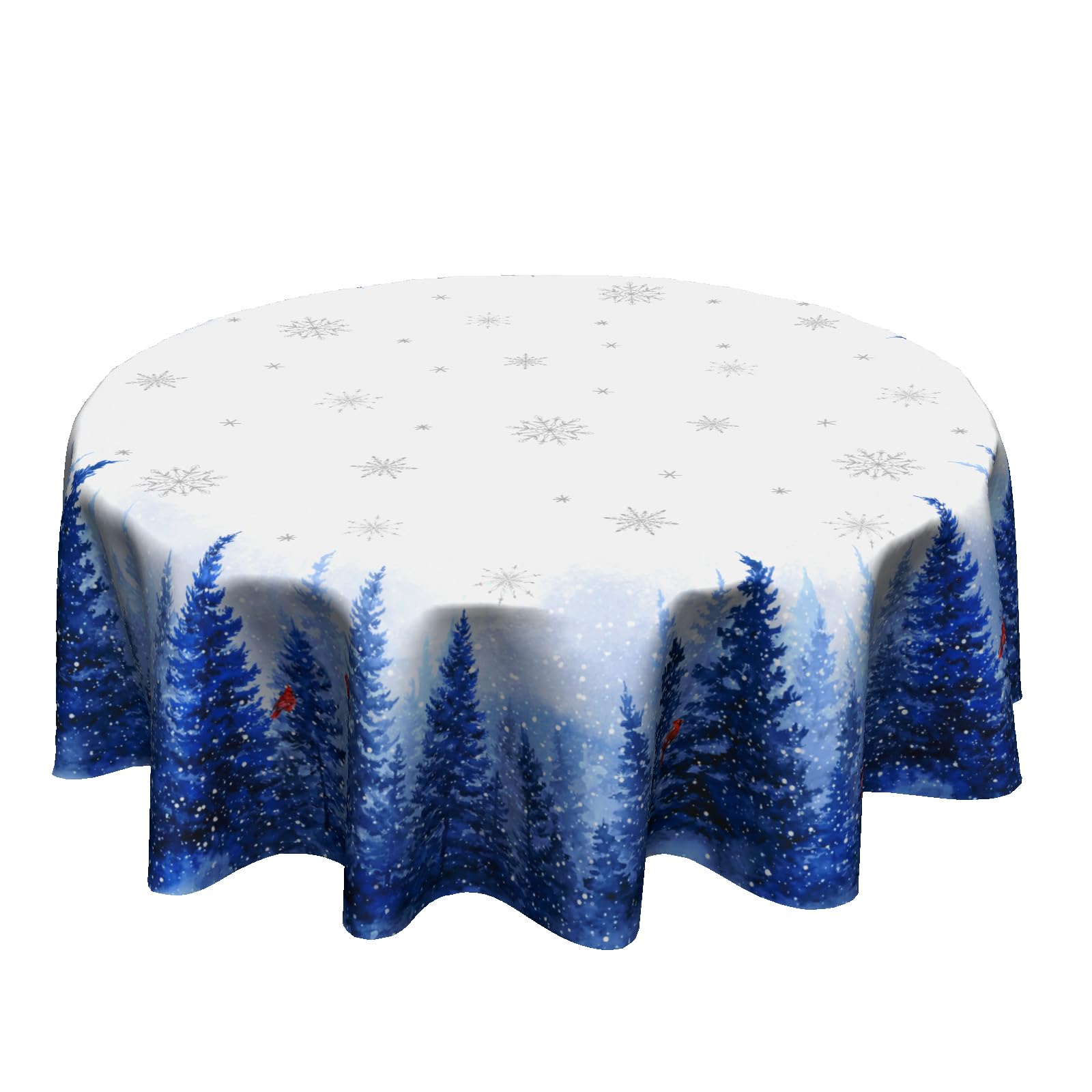 Granbey winter round tablecloth with navy snowflakes, trees and birds for festive dining