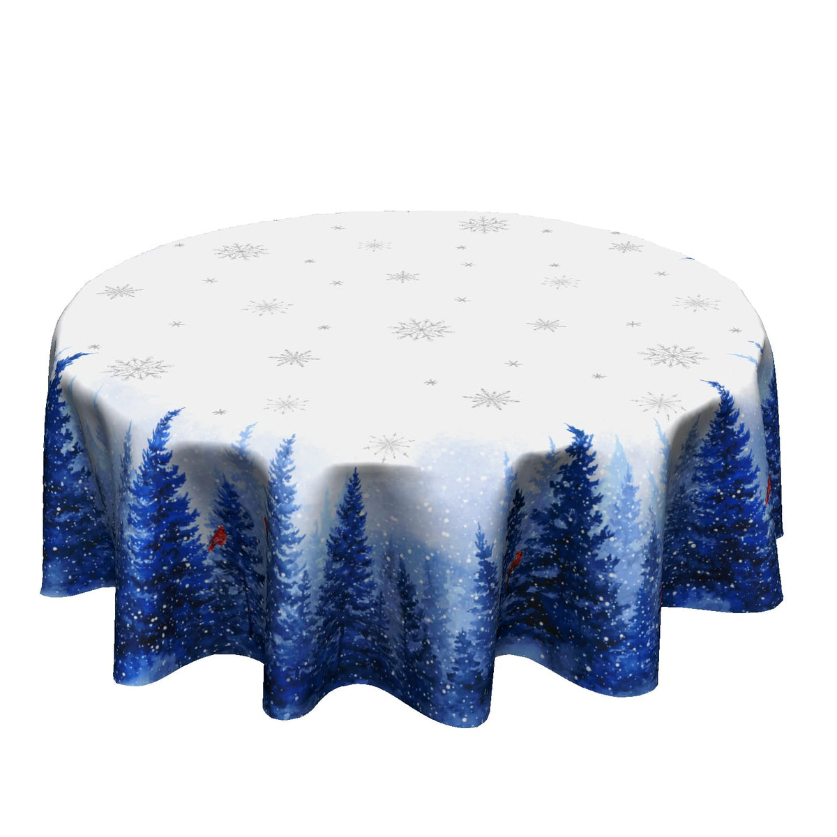Granbey winter round tablecloth with navy snowflakes, trees and birds for festive dining
