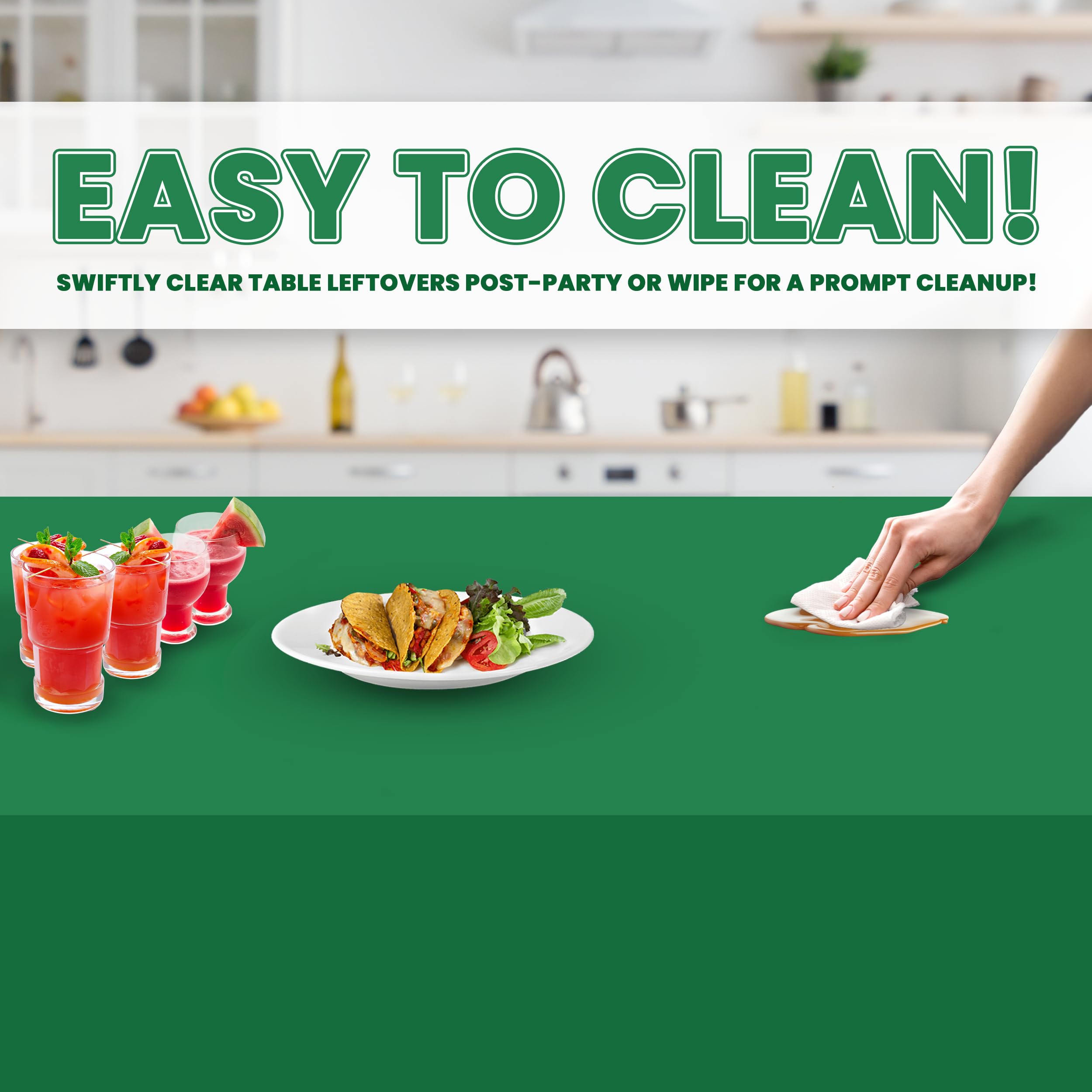 Grandipity green tablecloth easy cleanup simplifies post-event tidying.