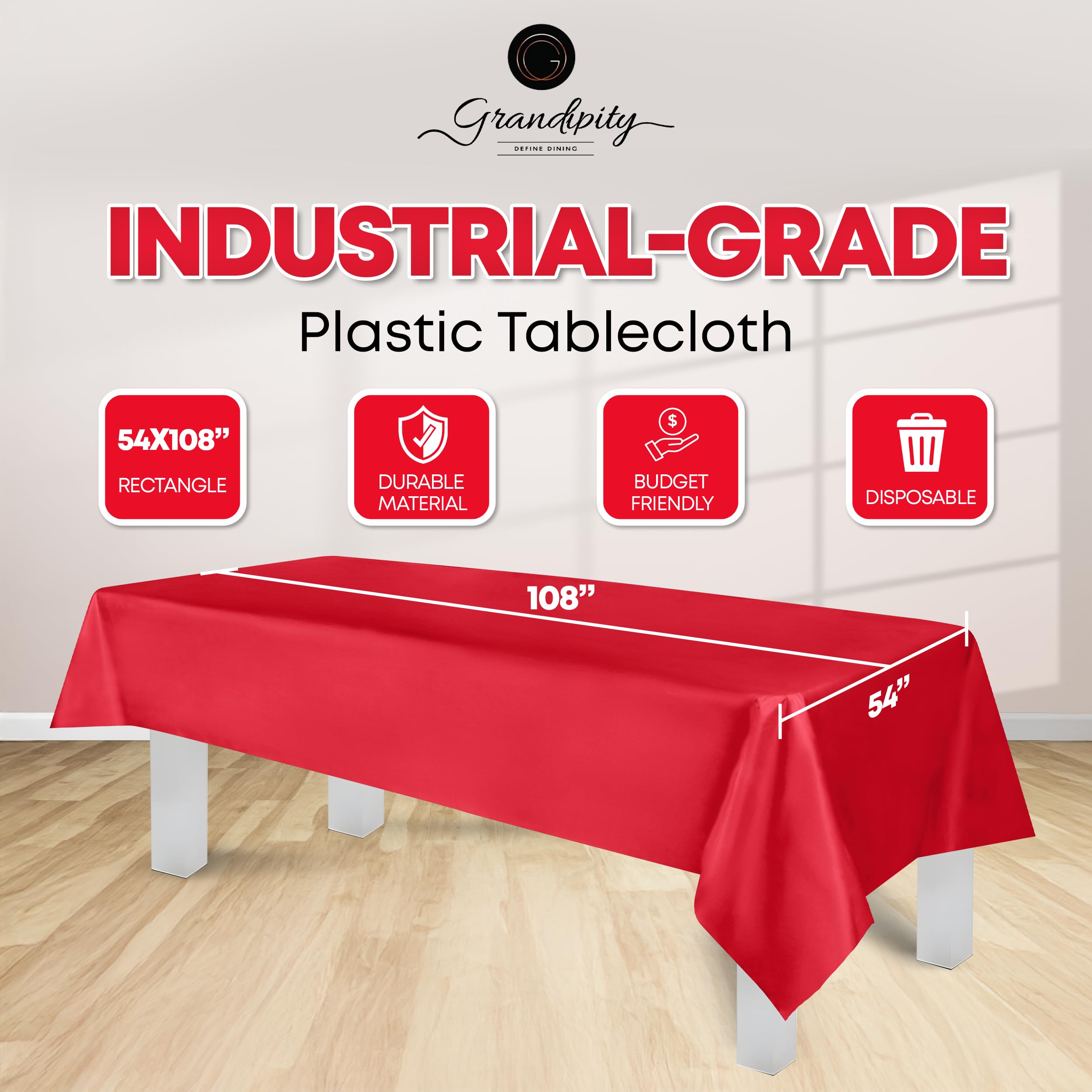 Grandipity premium red plastic tablecloth offers durable, tear-resistant protection.