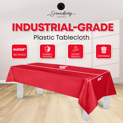 Grandipity premium red plastic tablecloth offers durable, tear-resistant protection.