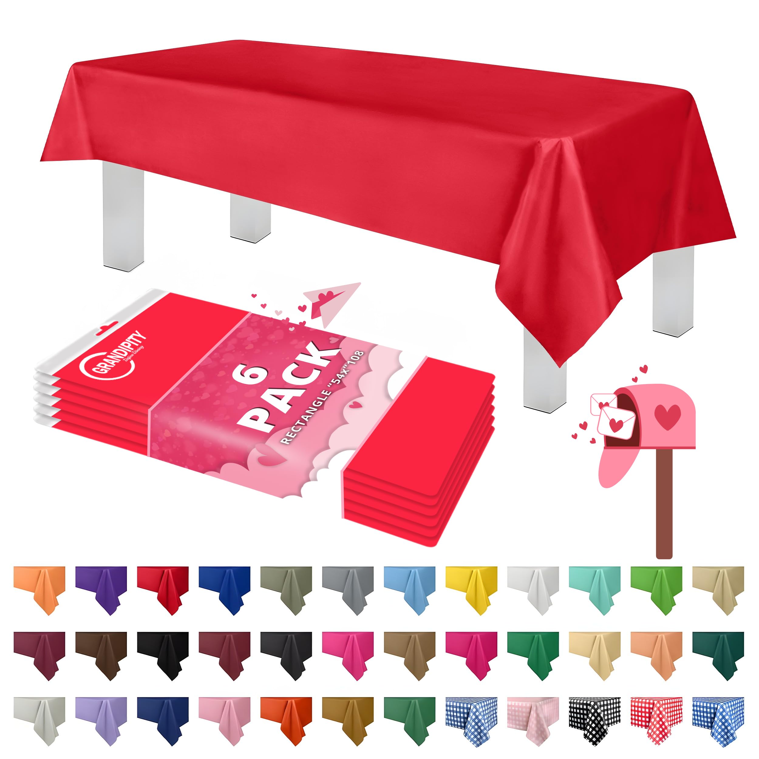 Grandipity red tablecloth rectangle 54x108 provides full coverage for 6 to 8 ft tables.