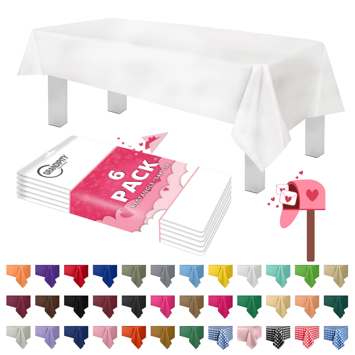 Grandipity white disposable tablecloth on a 54x108 inch table, ready for events.