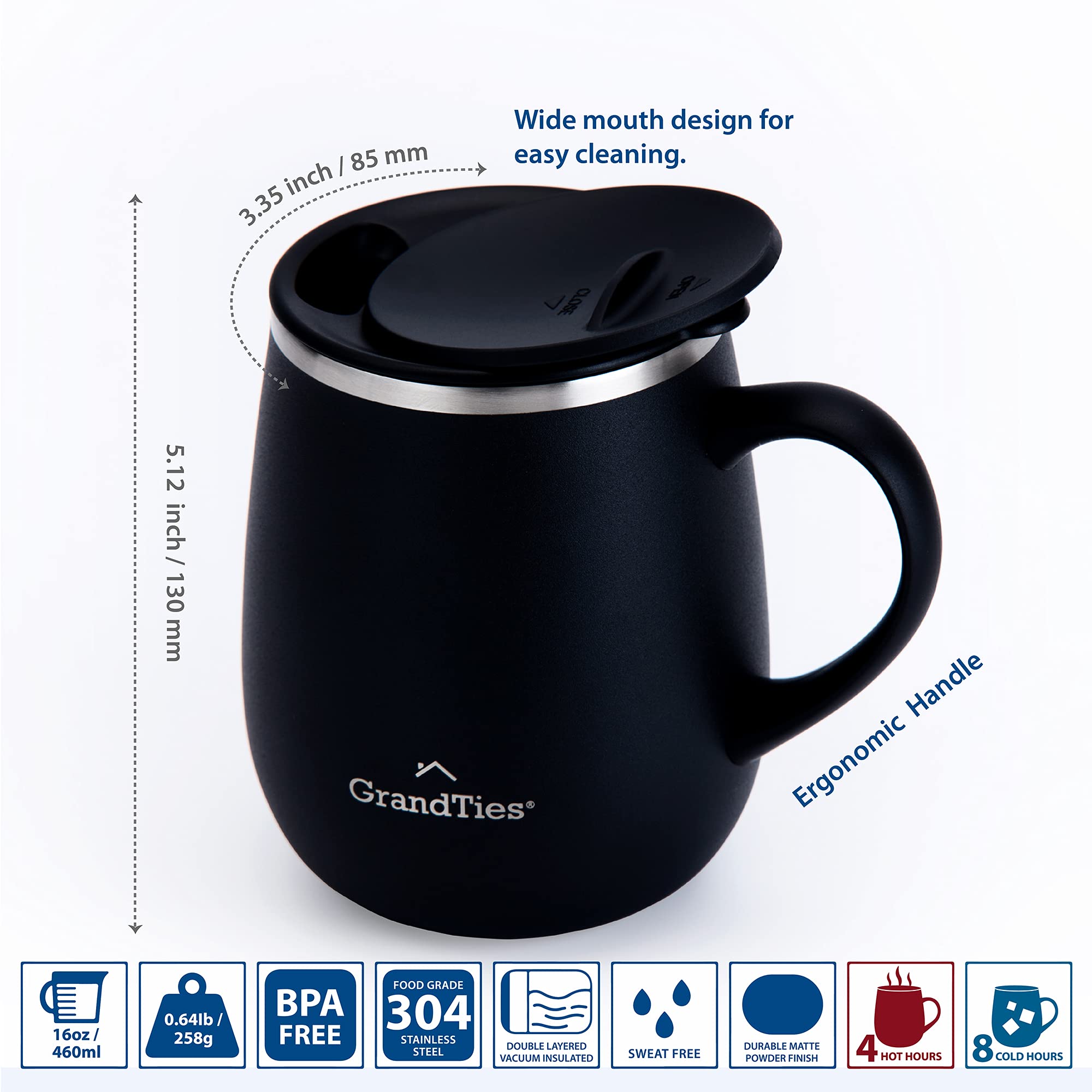 GRANDTIES ergonomic handle on matte black mug provides comfortable grip.