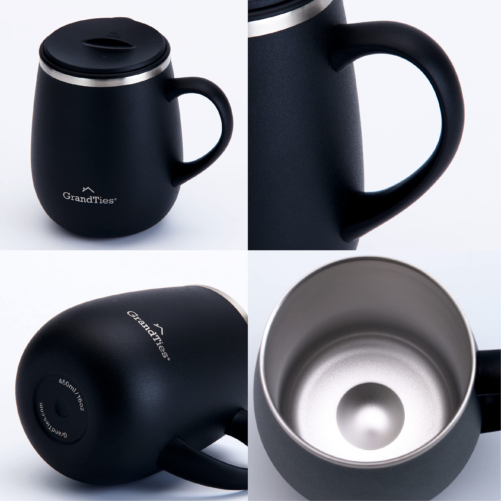 GRANDTIES insulated mug maintains hot or cold drinks at home or outdoors.