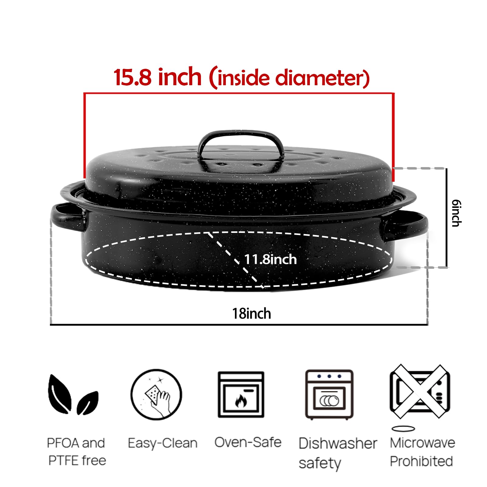 18-inch exterior with 16-inch interior diameter ideal for big roasts