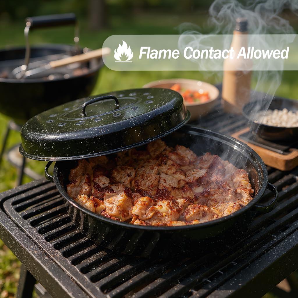 Oval shape minimizes splatter and fits standard ovens