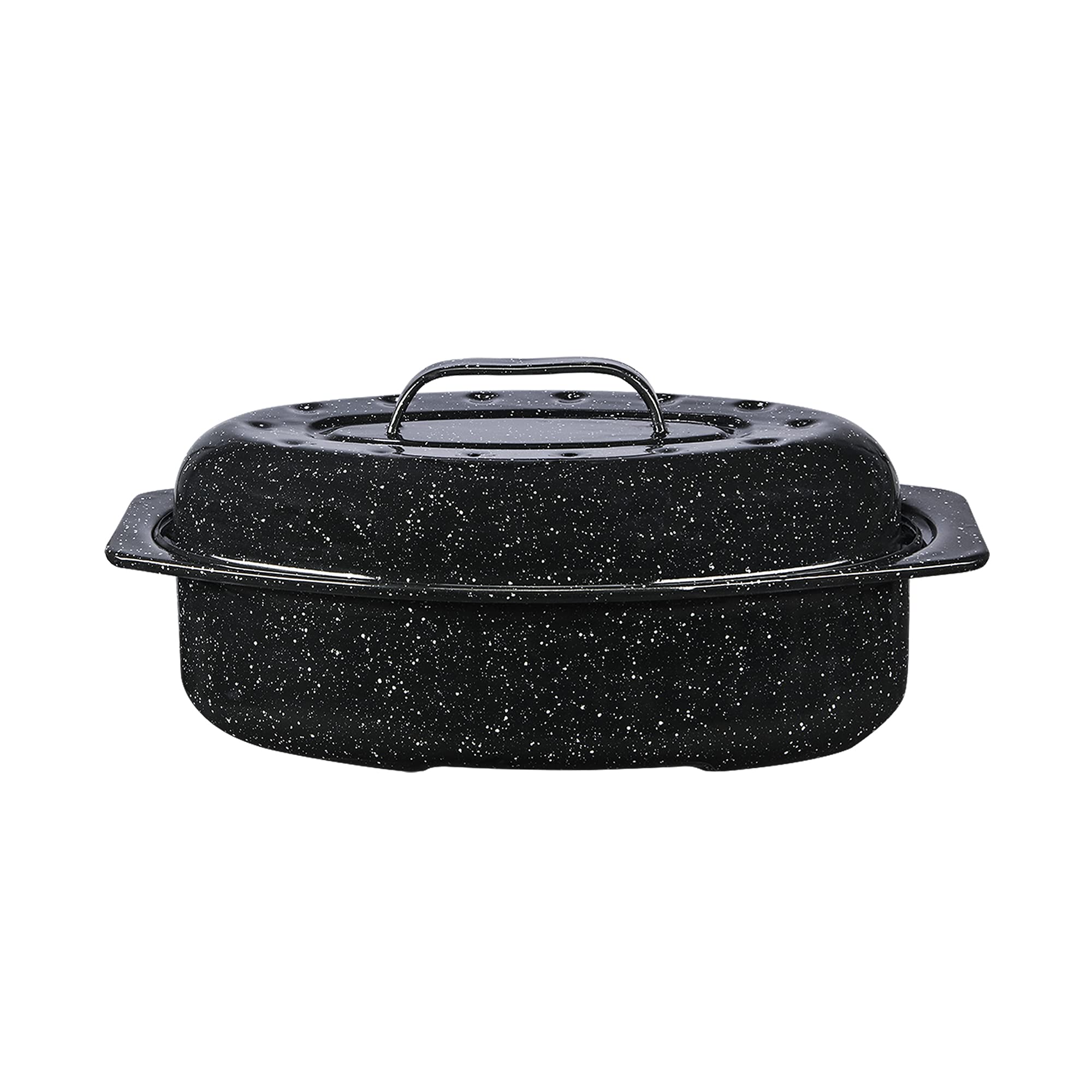 Granite Ware 13-inch oval roaster showing ample 7 lb capacity for poultry and roasts